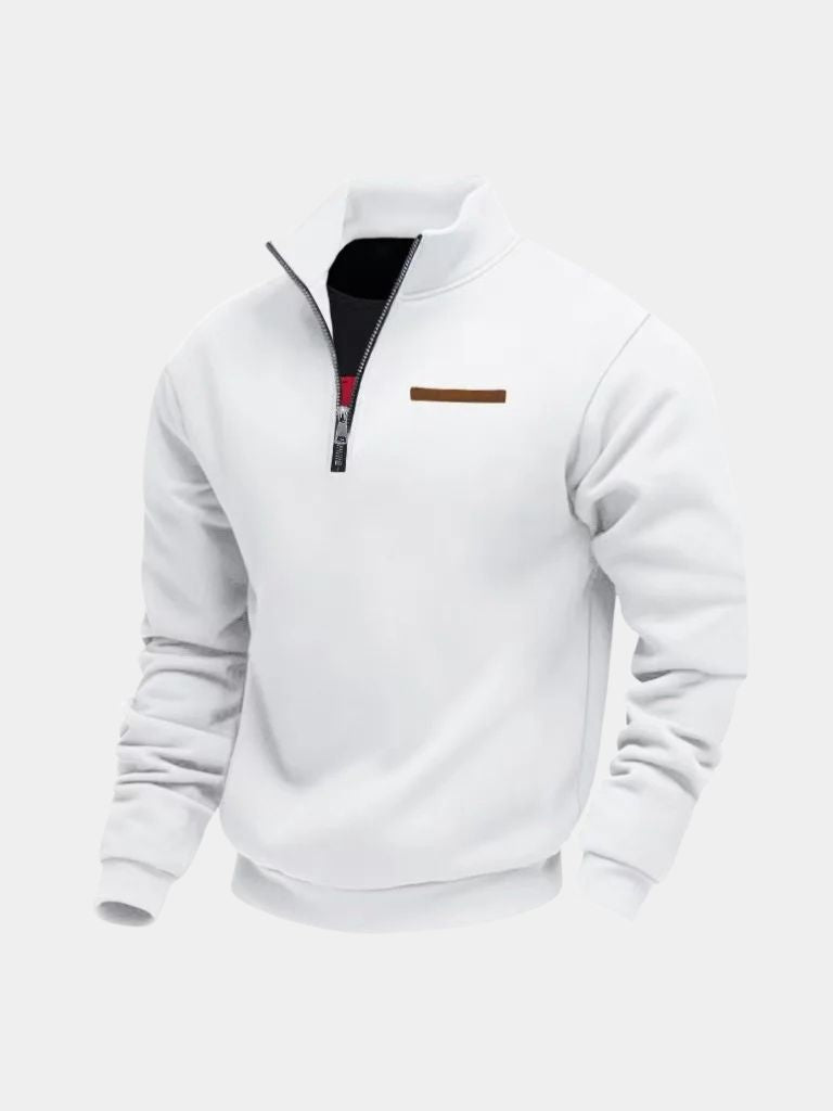 White quarter-zip knit pullover, front view
