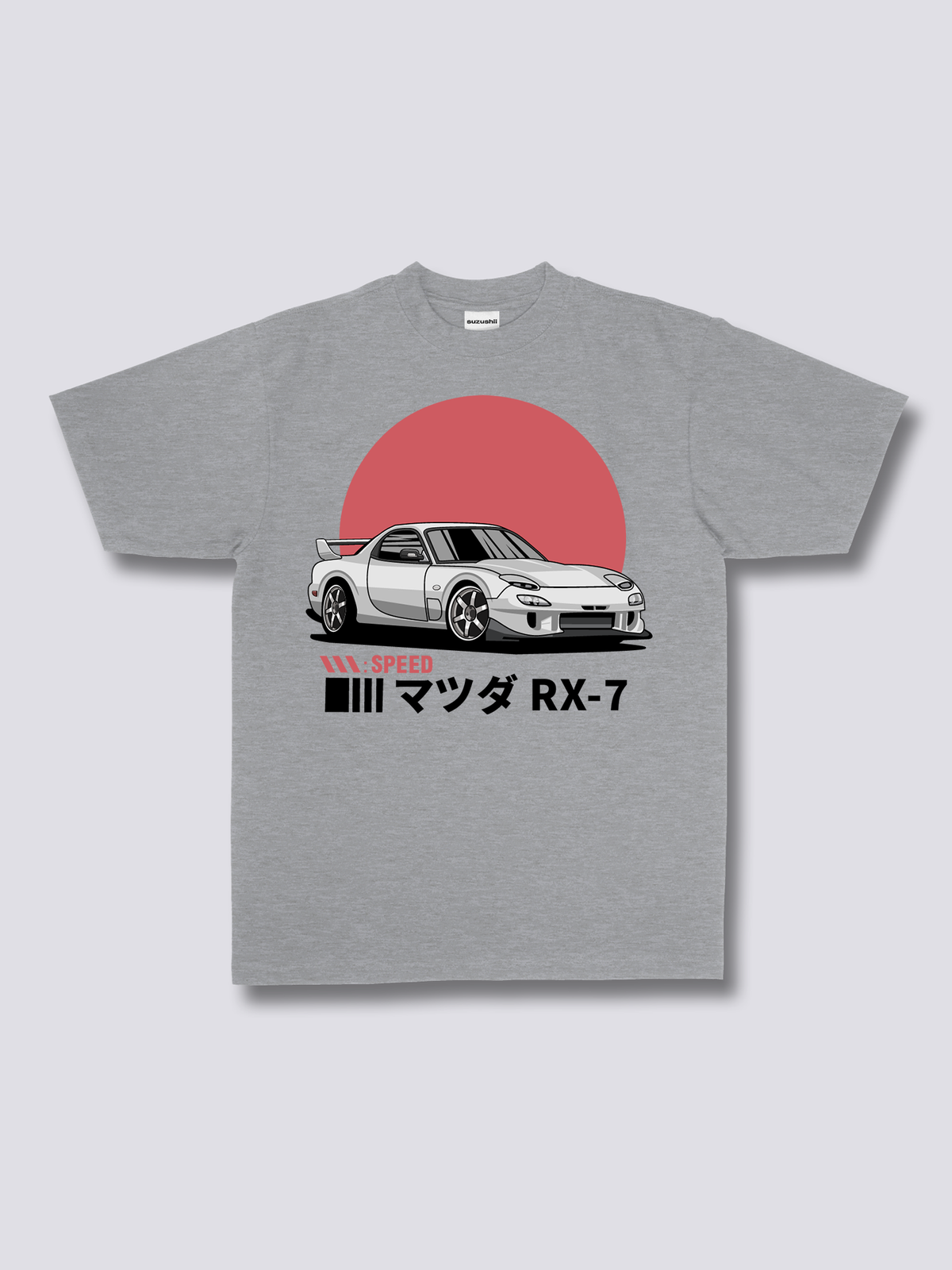 SUNRISE DRIVE 朝日とスポーツカーのフロントプリントTシャツ