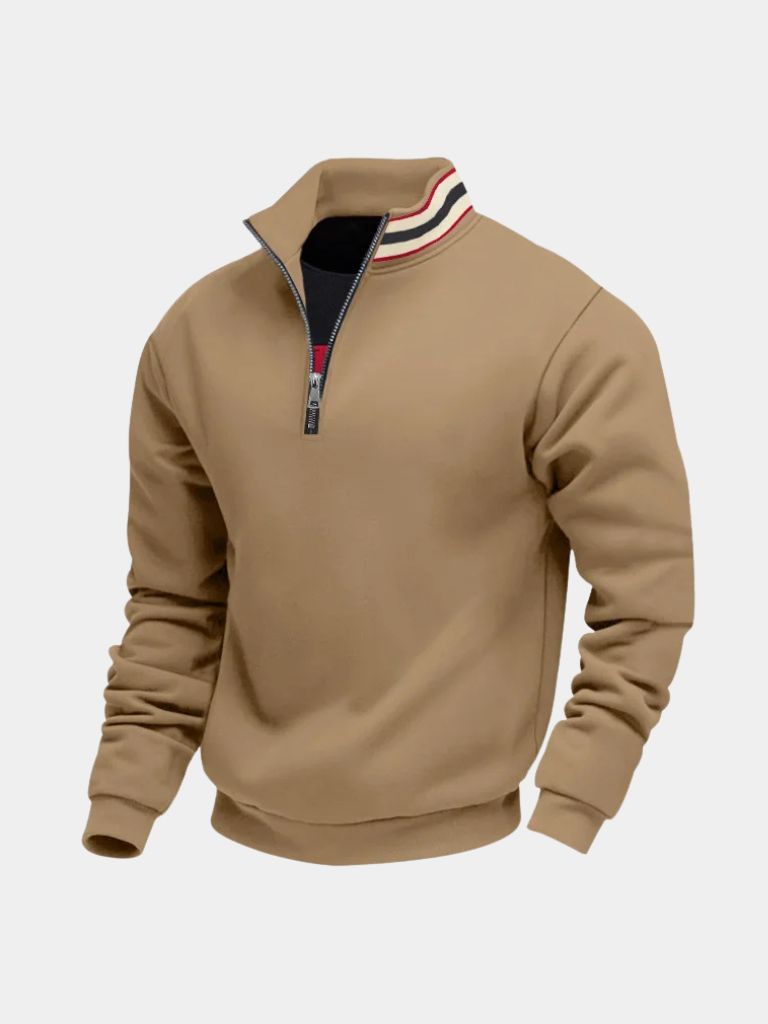 Camel quarter-zip pullover, front view
