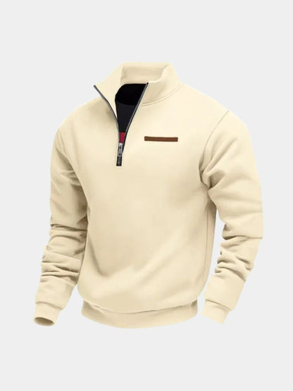 Cream quarter-zip knit pullover, front view