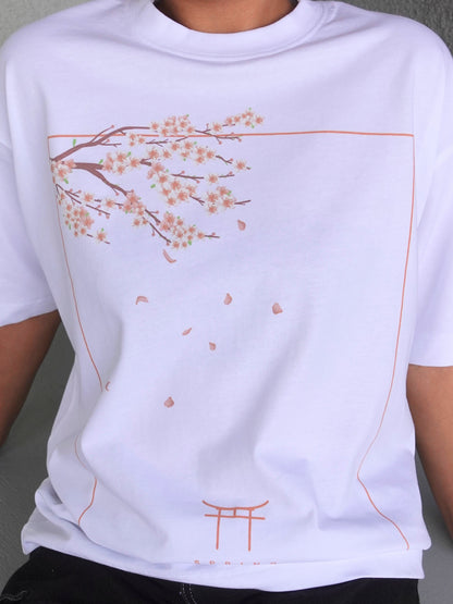 PEACH BLOSSOM 桃の花のフロントプリントTシャツ