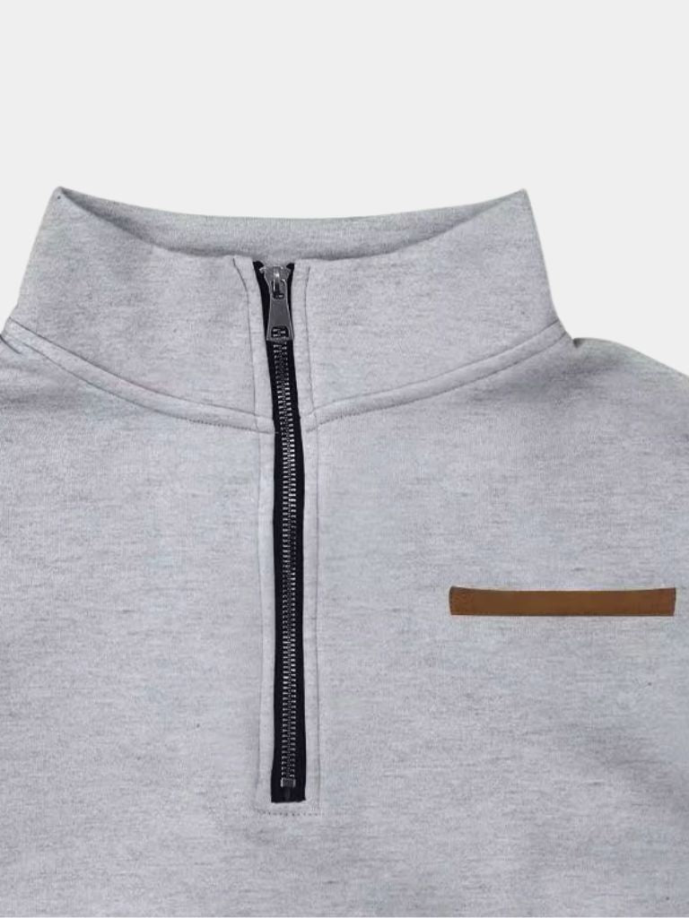 Close-up of the zip collar and tan chest patch