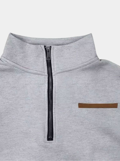 Close-up of the zip collar and tan chest patch