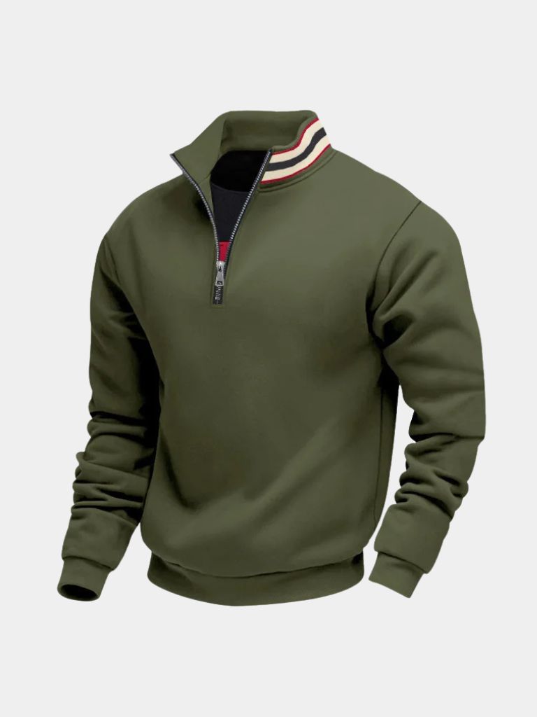 Army green quarter-zip pullover, front view