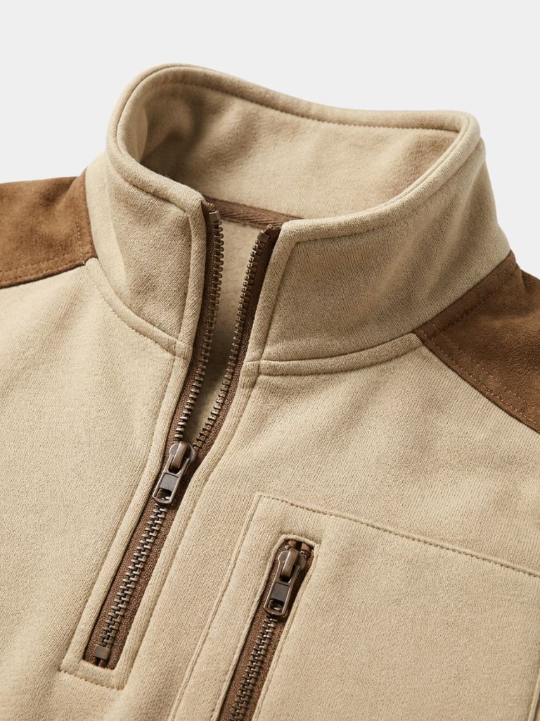 Close-up of the contrast shoulder panel and zipper