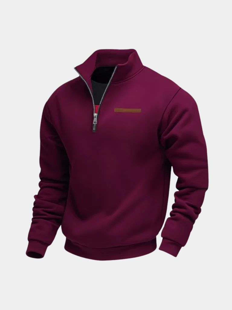 Burgundy quarter-zip knit pullover, front view