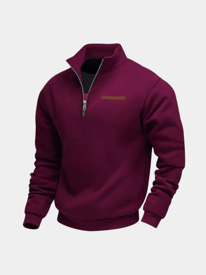 Burgundy quarter-zip knit pullover, front view