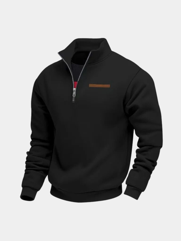 Black quarter-zip knit pullover, front view