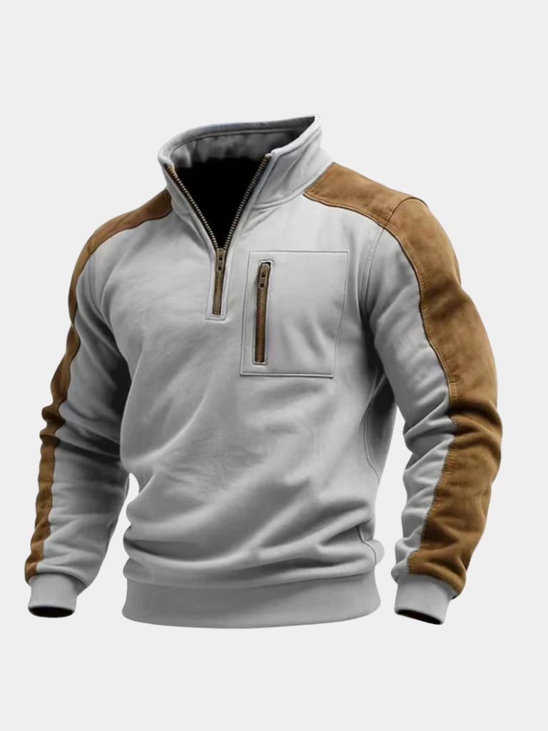 Flat lay of the light gray quarter-zip pullover