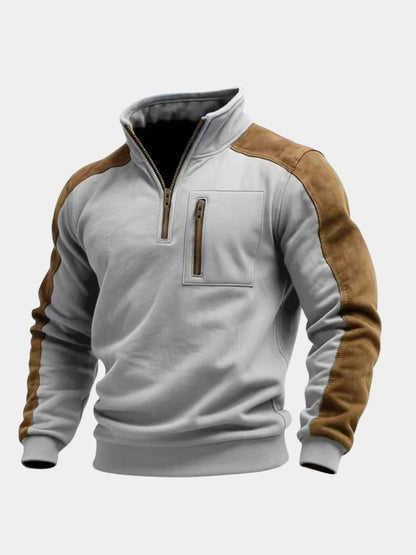 Flat lay of the light gray quarter-zip pullover