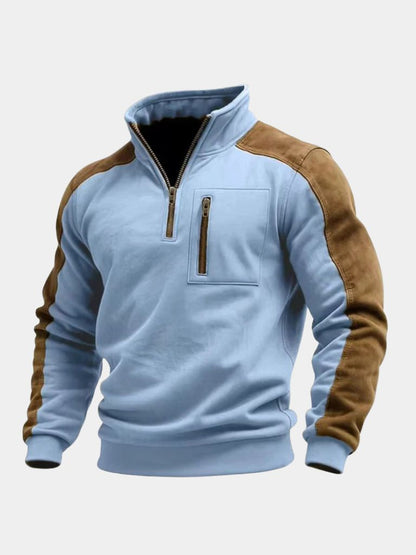 Flat lay of the light blue quarter-zip pullover
