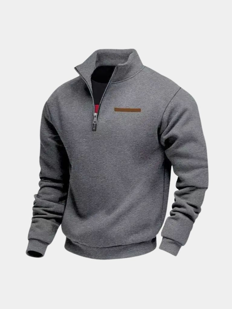 Dark gray quarter-zip knit pullover, front view