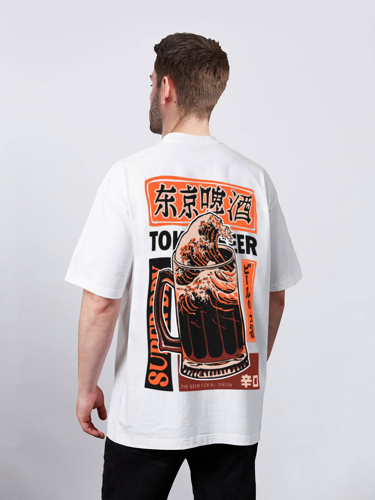 BEER WAVE ビールと波のバックプリントTシャツ
