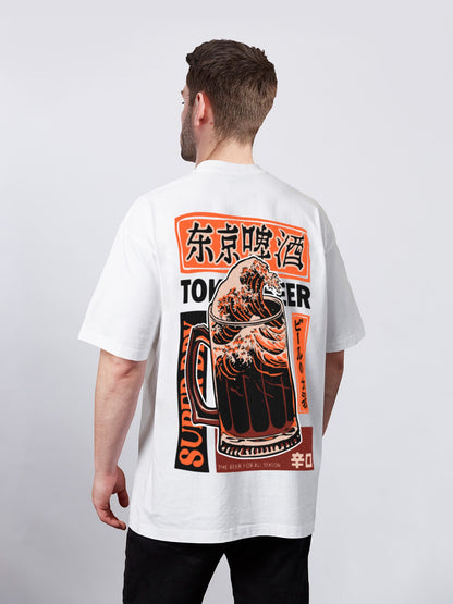 BEER WAVE ビールと波のバックプリントTシャツ