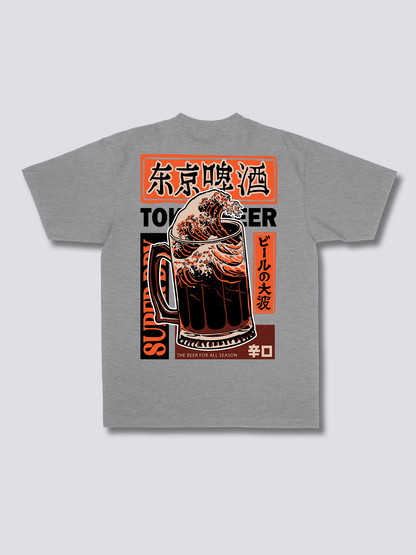 BEER WAVE ビールと波のバックプリントTシャツ