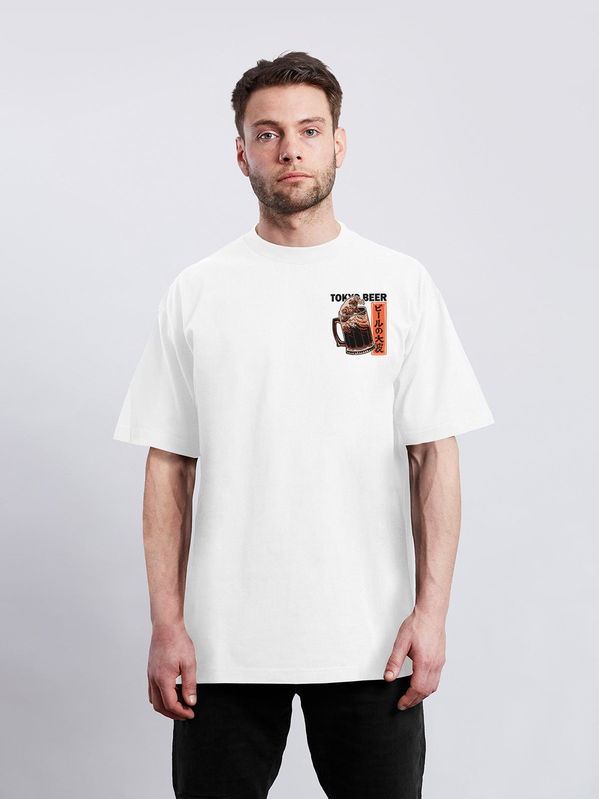 BEER WAVE ビールと波のバックプリントTシャツ