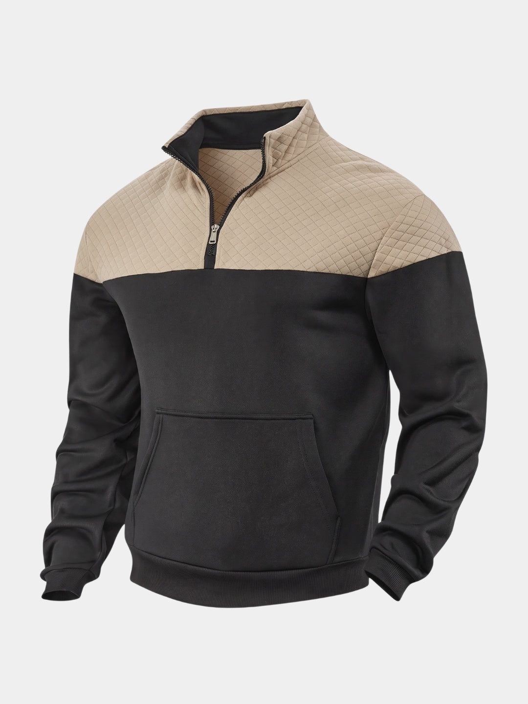Black and tan quilted-yoke quarter-zip pullover