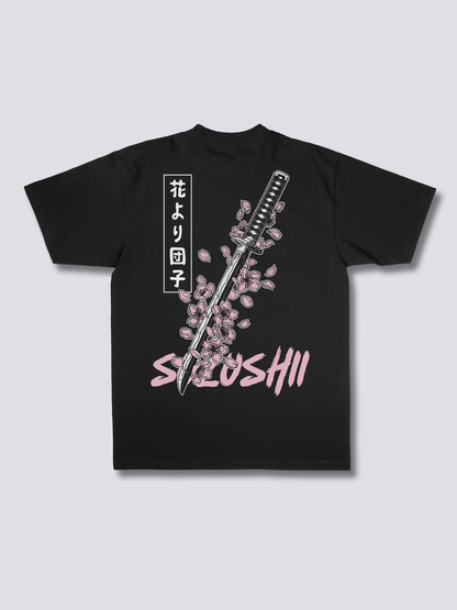 FALLEN KATANA 刀と桜のバックプリントTシャツ