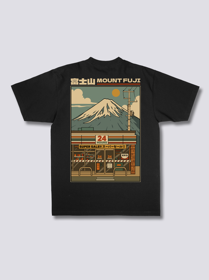 FUJI MART 富士山とコンビニのバックプリントTシャツ