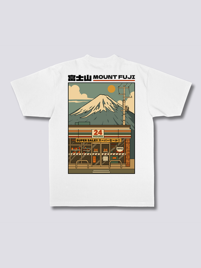 FUJI MART 富士山とコンビニのバックプリントTシャツ