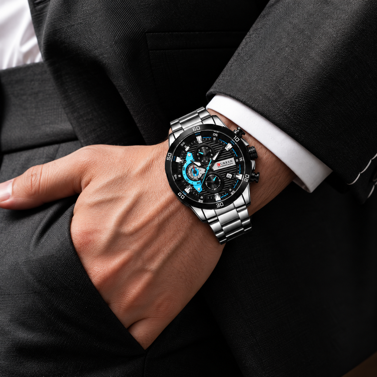 LENNOX メタルバンドのクロノグラフウォッチ