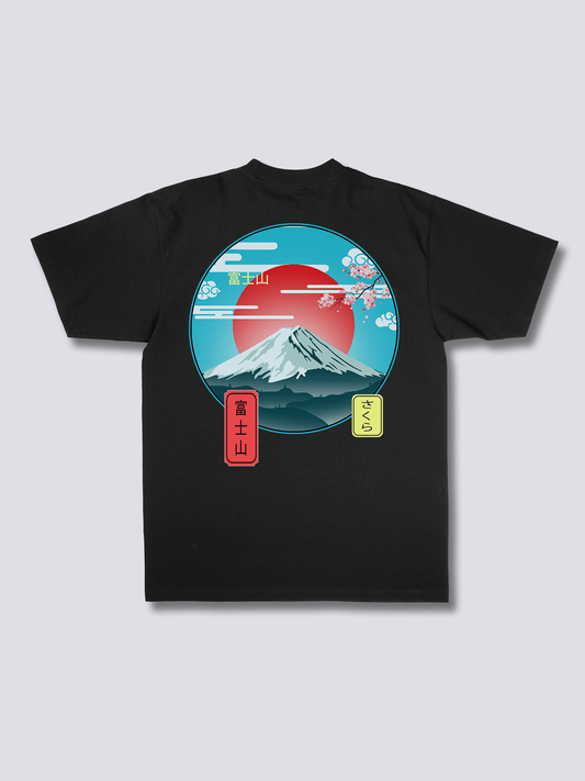 MOUNT FUJI 富士山と赤い太陽のバックプリントTシャツ