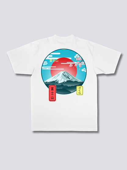 MOUNT FUJI 富士山と赤い太陽のバックプリントTシャツ