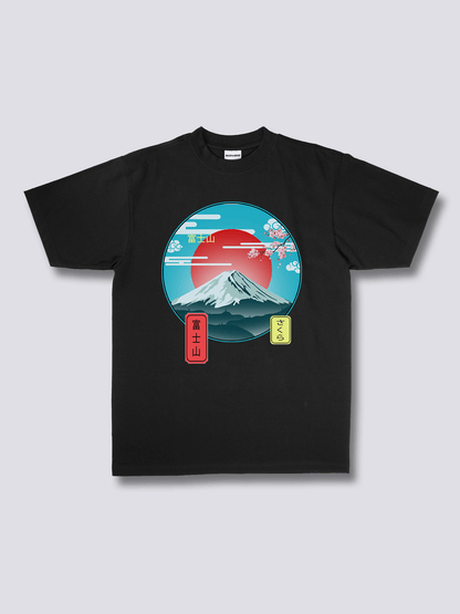 MOUNT FUJI 富士山と赤い太陽のフロントプリントTシャツ