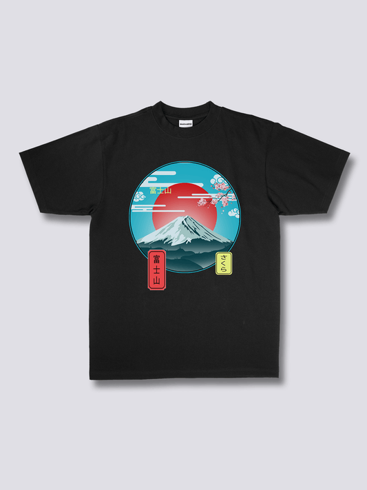 MOUNT FUJI 富士山と赤い太陽のフロントプリントTシャツ