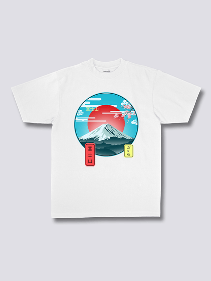 MOUNT FUJI 富士山と赤い太陽のフロントプリントTシャツ