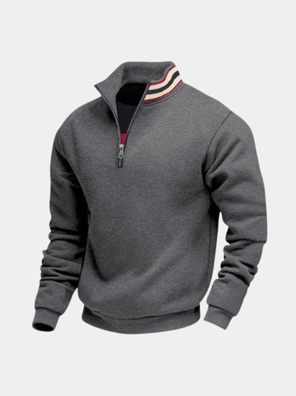 Dark gray quarter-zip pullover with a striped collar