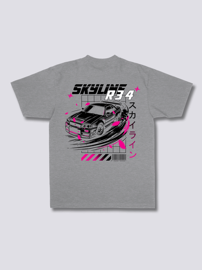 SKYLINE R34 スポーツカーのバックプリントTシャツ