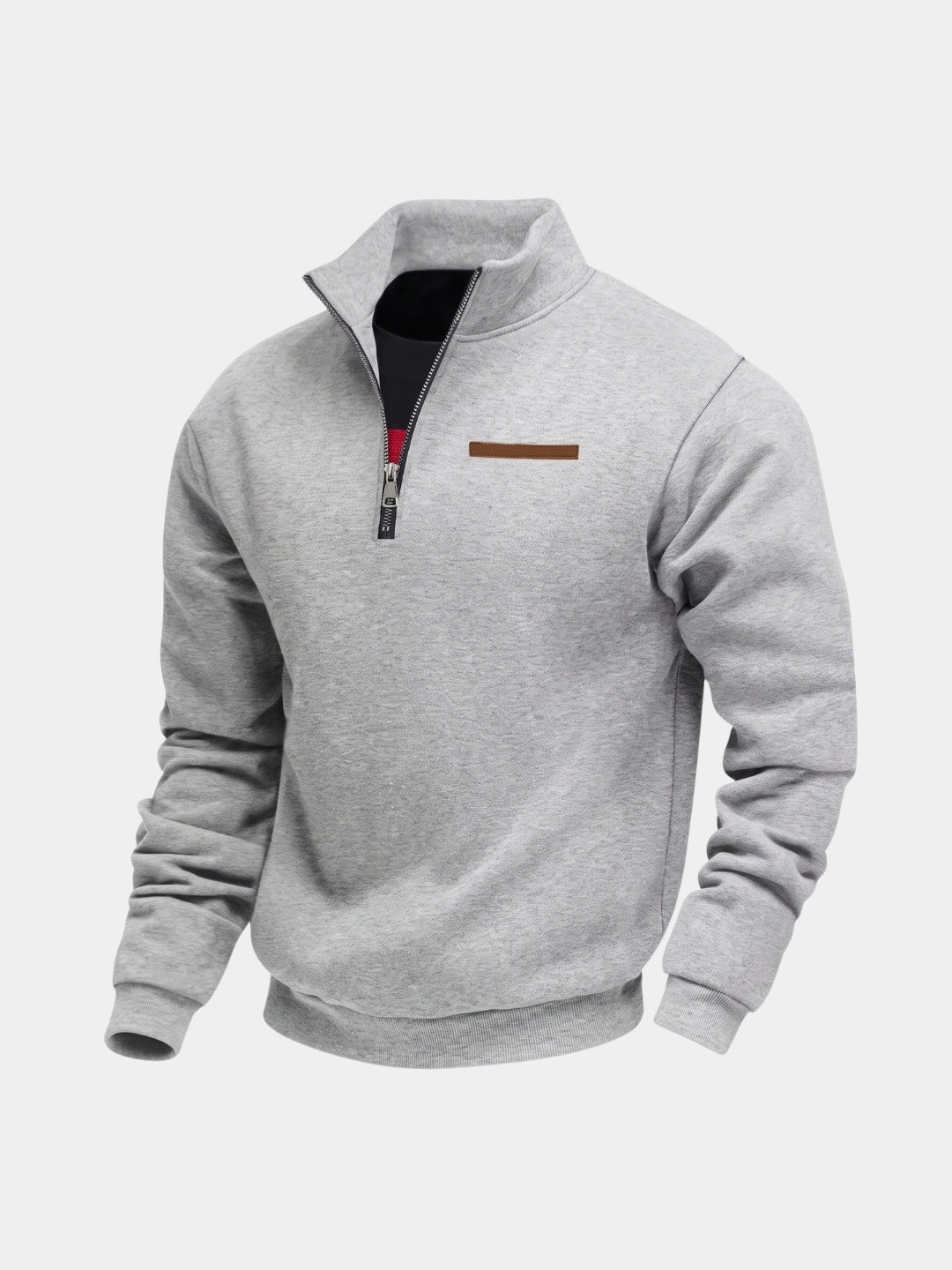 Light gray quarter-zip knit pullover, front view