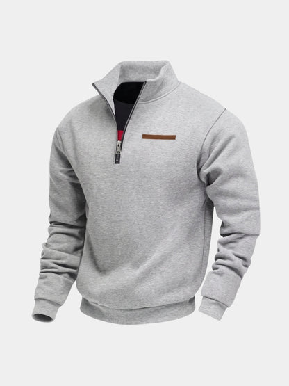Light gray quarter-zip knit pullover, front view