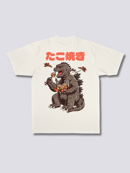 SNACKZILLA 怪獣とたこ焼きのバックプリントTシャツ