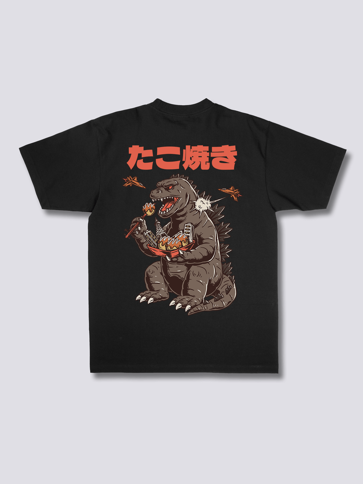 SNACKZILLA 怪獣とたこ焼きのバックプリントTシャツ