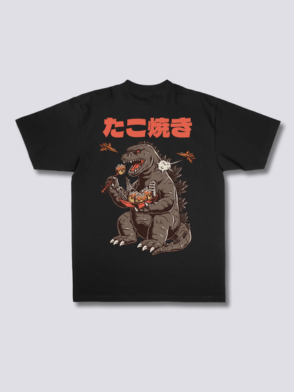 SNACKZILLA 怪獣とたこ焼きのバックプリントTシャツ