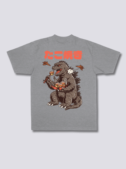 SNACKZILLA 怪獣とたこ焼きのバックプリントTシャツ