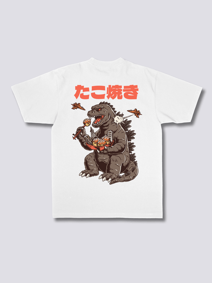 SNACKZILLA 怪獣とたこ焼きのバックプリントTシャツ
