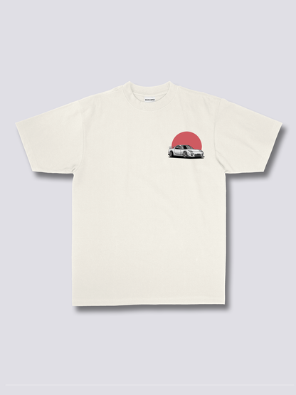 SUNRISE DRIVE 朝日とスポーツカーのバックプリントTシャツ