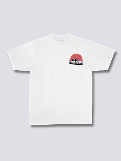 SUNRISE DRIVE 朝日とスポーツカーのバックプリントTシャツ