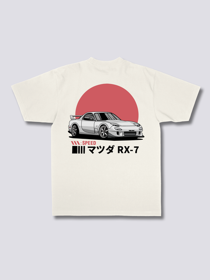 SUNRISE DRIVE 朝日とスポーツカーのバックプリントTシャツ