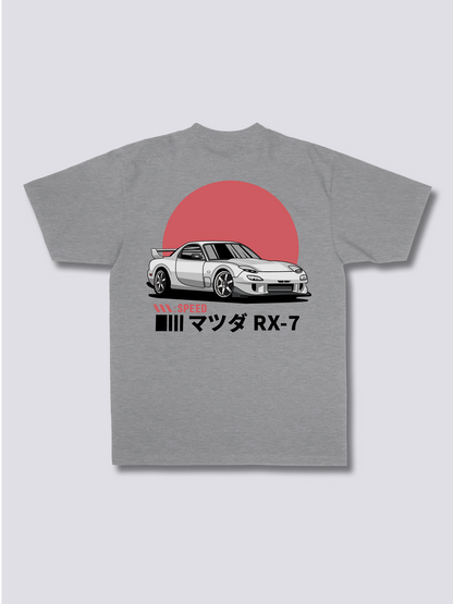 SUNRISE DRIVE 朝日とスポーツカーのバックプリントTシャツ