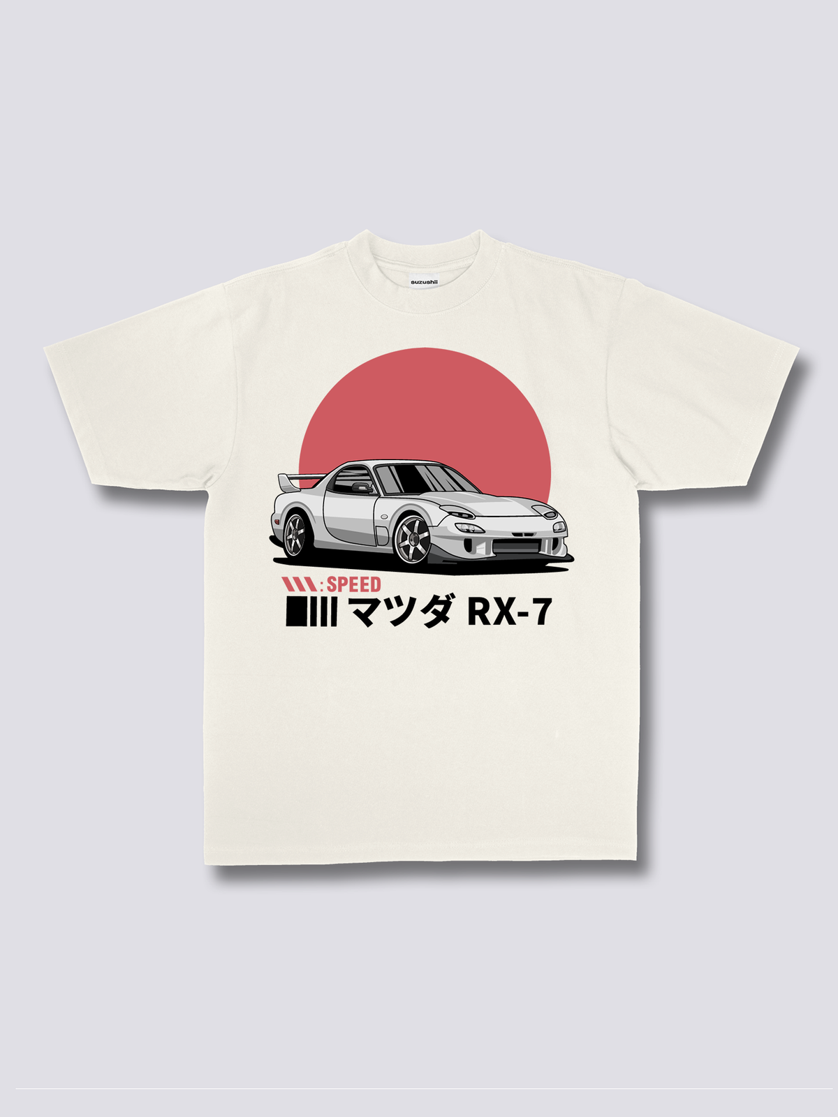 SUNRISE DRIVE 朝日とスポーツカーのフロントプリントTシャツ