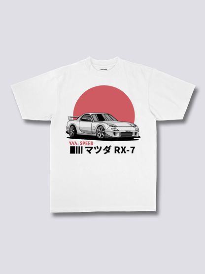 SUNRISE DRIVE 朝日とスポーツカーのフロントプリントTシャツ