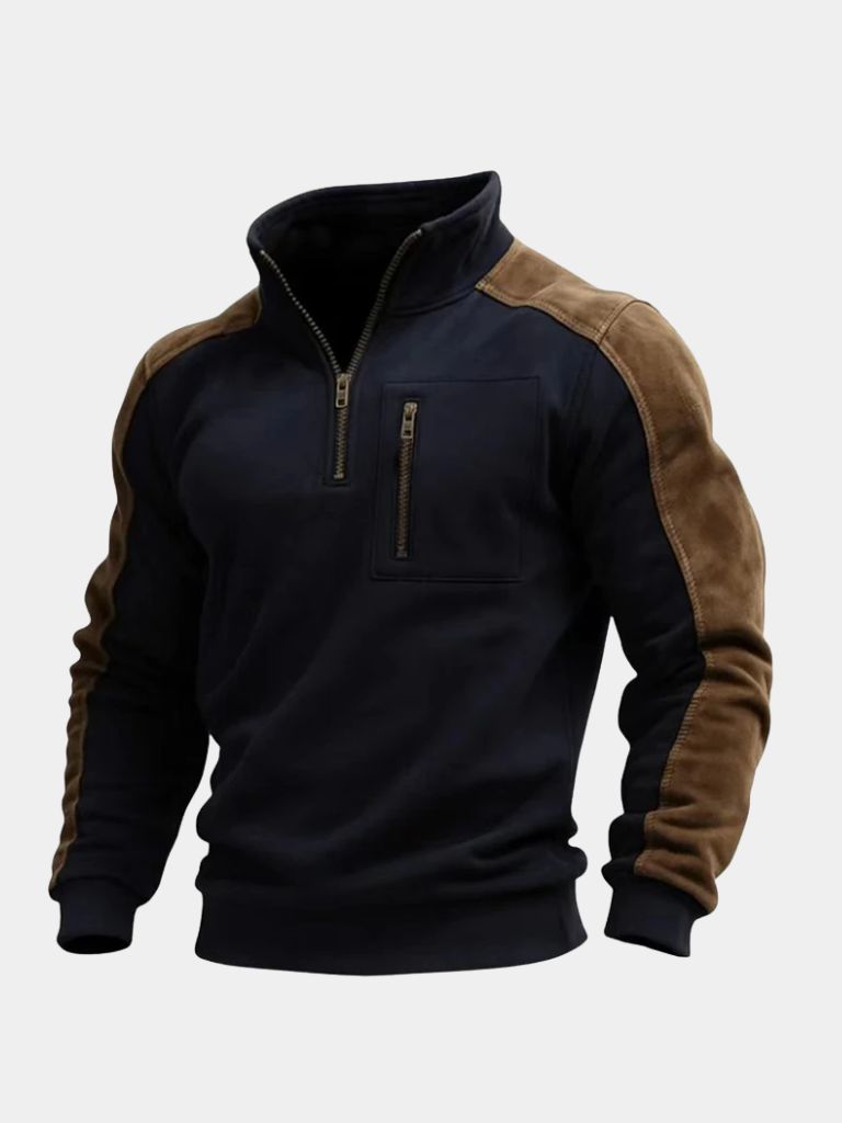 Flat lay of the navy quarter-zip pullover