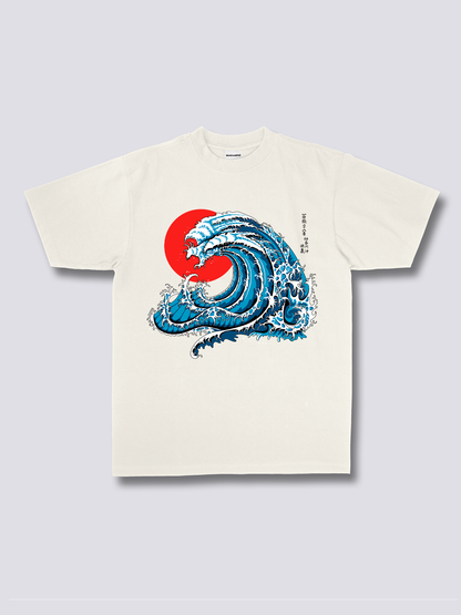 WAVY PHOENIX 波と赤い太陽のフロントプリントTシャツ