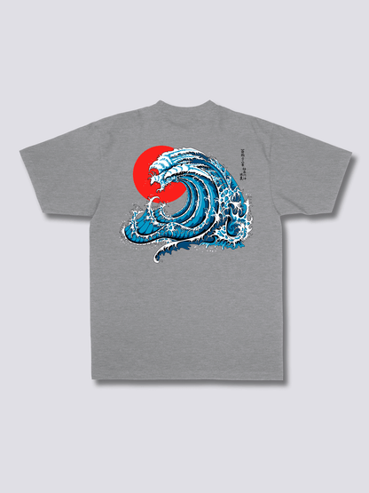WAVY PHOENIX 波と赤い太陽のバックプリントTシャツ