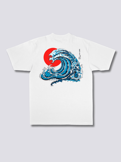 WAVY PHOENIX 波と赤い太陽のバックプリントTシャツ