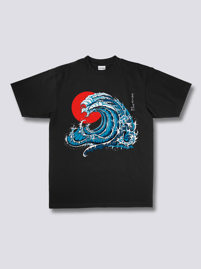 WAVY PHOENIX 波と赤い太陽のフロントプリントTシャツ